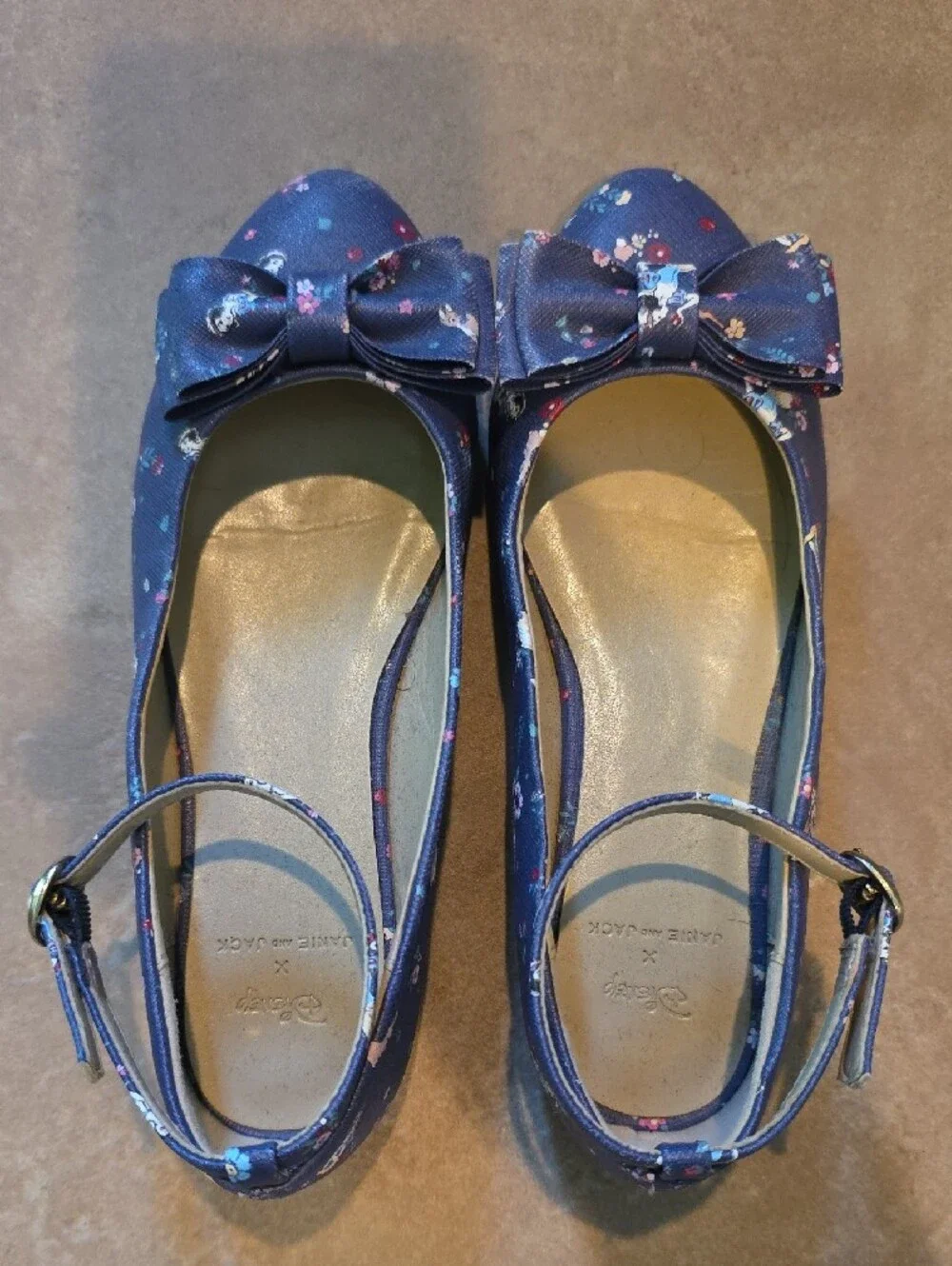 Disney Janie And Jack Girl's Navy Floral Bow Ankle-Strap Flats. Size 13